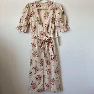 Happy x Nature Cream Pink Floral Puff Sleeve Wrap Midi Dress Size: S
